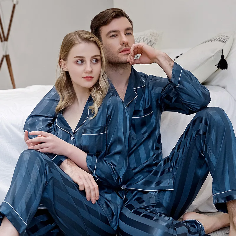 

2PCS Pajamas Set Lovers Sleepwear Satin Striped Nightwear Kimono Gown Silky Men Nightgown Pyjamas Casual Home Clothes Bathrobe
