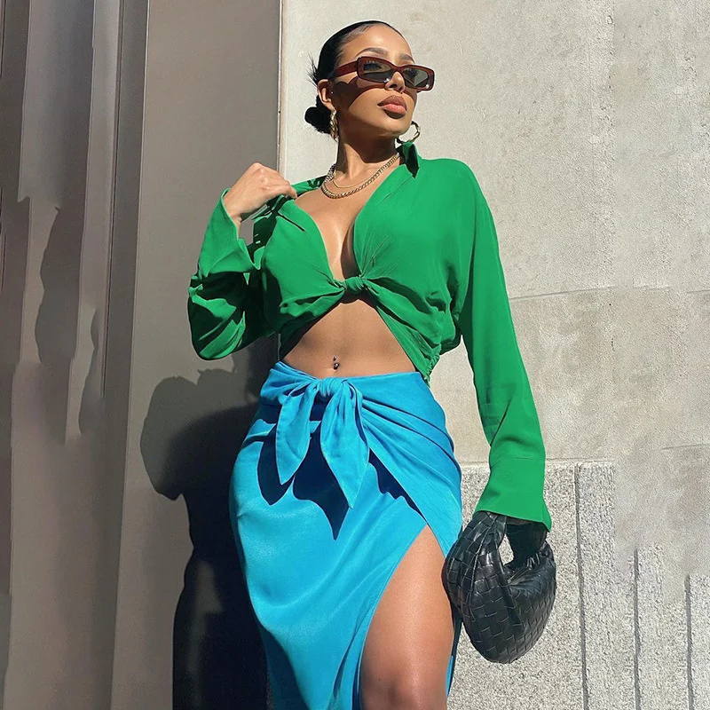 

Thorn Tree Sexy 2 Piece Set Women Deep V-neck Shirts Crop Tops High Waist Irregular High Split Skirts Autumn Fashion Streetwear