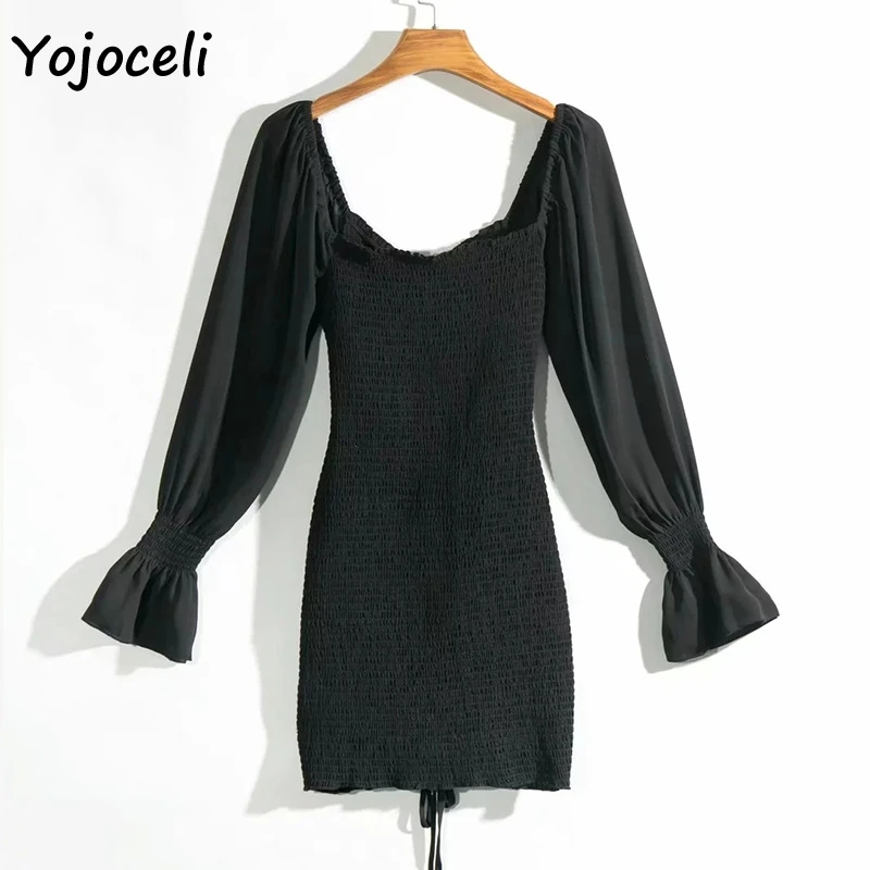 Yojoceli, сексуальное платье с цветочным принтом, гофрированное, женское, квадратный вырез, длинный рукав, тонкое, мини платье, шифоновое платье