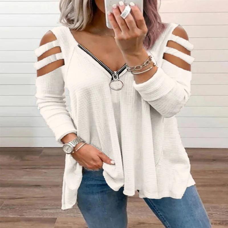 

2021 spring new long sleeve sexy low cut zipper solid color shoulder strap long sleeve T-shirt