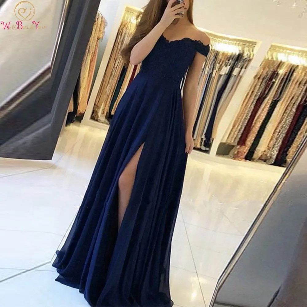 

Navy Blue Split A-Line Women Prom Dress 2021 Formal Party Off Shoulder Appliques Lace Evening Gowns abendkleider Walk Beside You