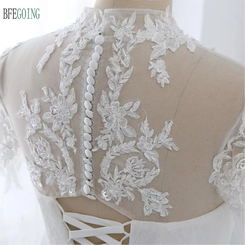 

White Lace Tulle Long Sleeves Floor-Length Ball Gown Wedding Dress Chapel Train Custom Made