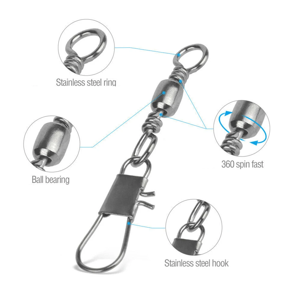 

50/100Pcs Fish Rolling Ball Bearing Barrel Swivel with Safty Snap Connector