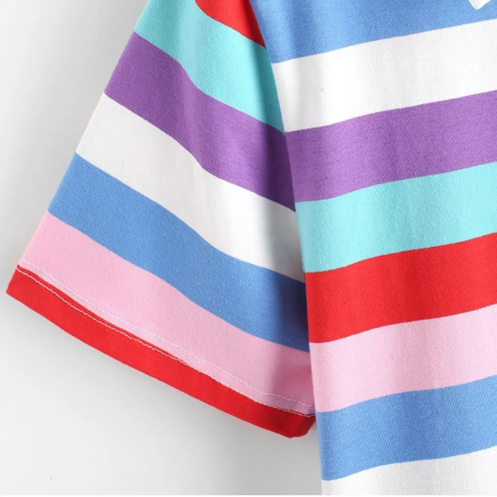 

Women's Short Sleeve T-Shirts Stand Collar Button Short Women Clothing Color Striped Cropped Female T-Shirt Camisas Mujer 2020
