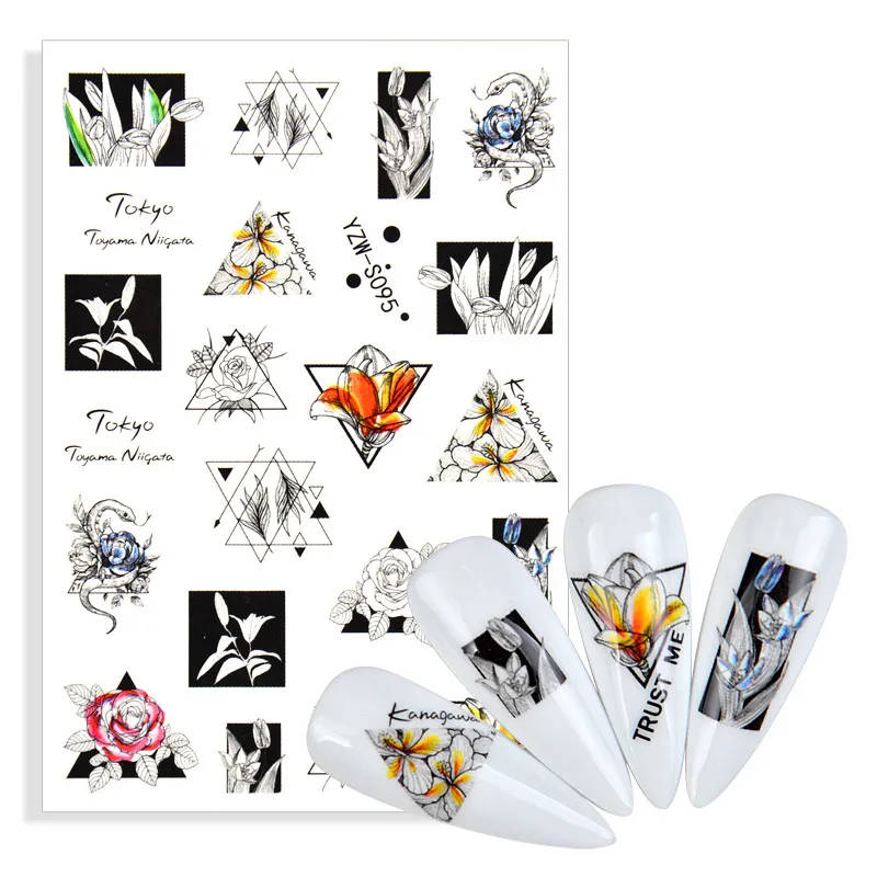 3D наклейки для ногтей черные цветы граффити абстрактные привлекательные женщины