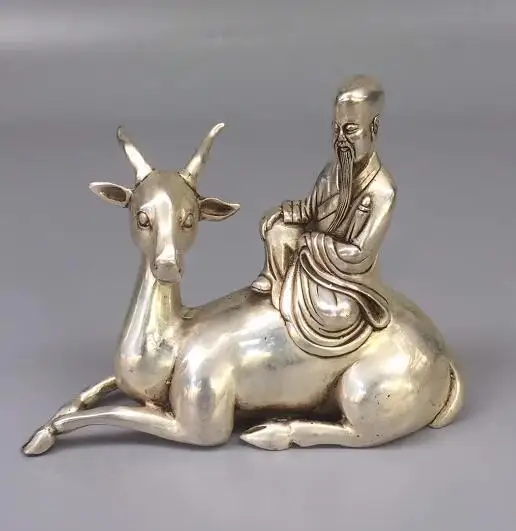 

Chinese Handmade Tibet Silver Carved Longevity Star Old Man Riding Deer Animal Statue Safe and Good Luck Gift Home Decoration