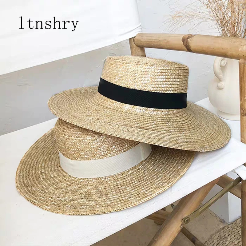 New Women Natural Wheat Straw Hat Ribbon Tie 9cm Brim Boater Hat Derby Beach Sun Hat Cap Lady Summer Wide Brim Protect Hats