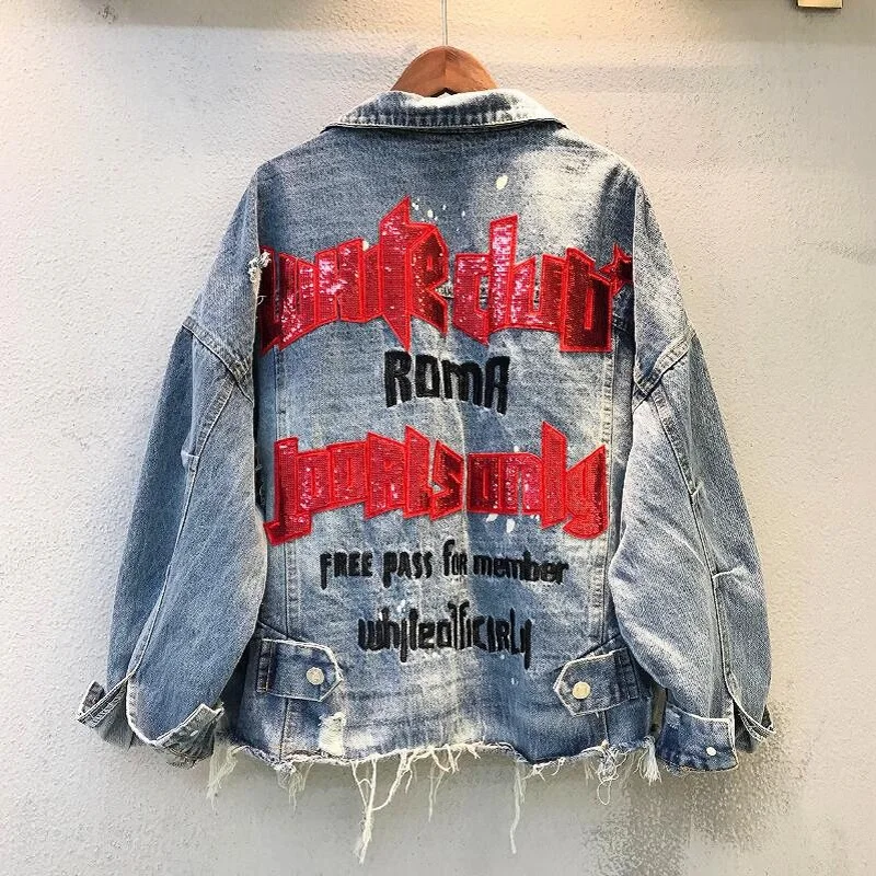 Женская винтажная куртка CHICATWILL с блестками длинным рукавом и дырками | одежда