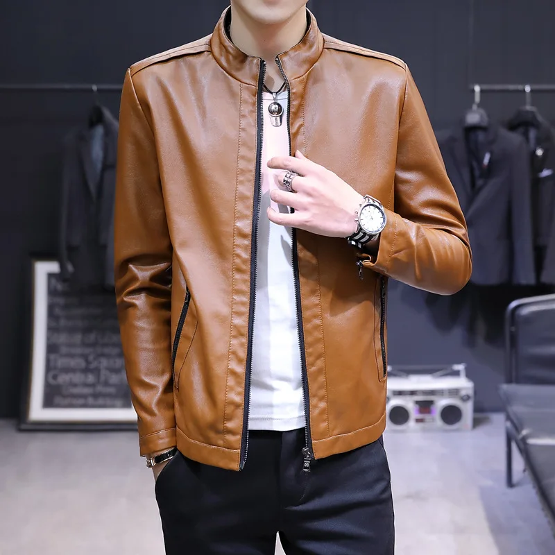 

Spring Men's Faux Leather Jackets Korean Style Slim Youth Motorcycle PU Leather Coats Autumn Casual Stand Collar Handsome Jacket