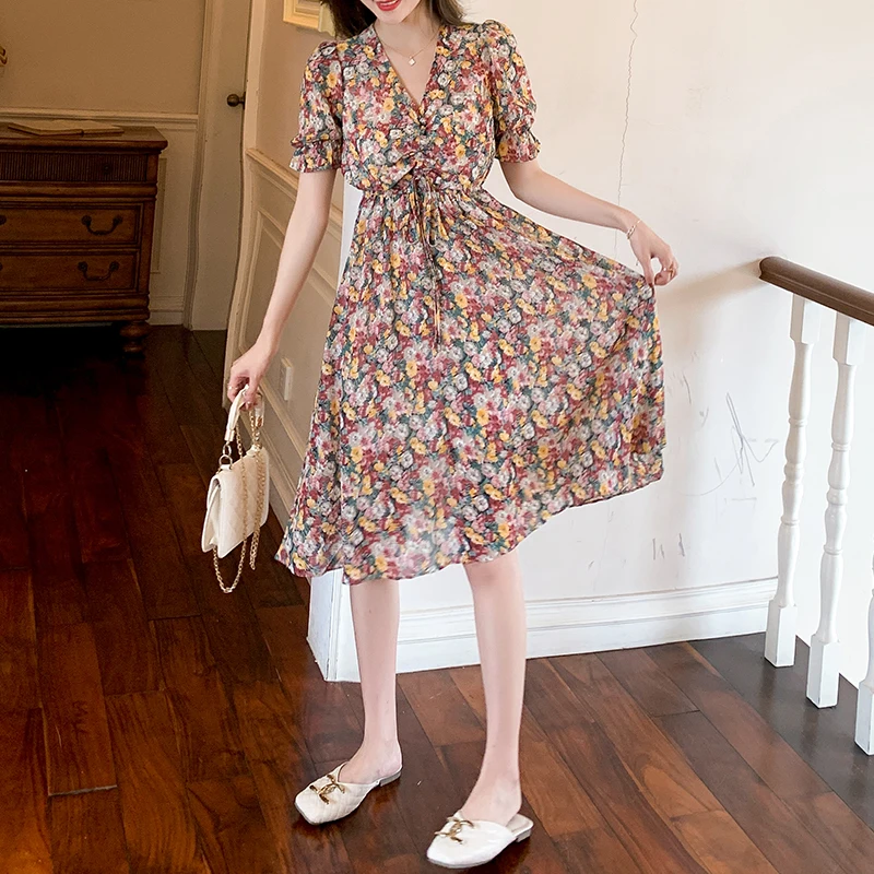 

Han edition charge will spot the summer show thin waist floral chiffon draw string v-neck long dress in female