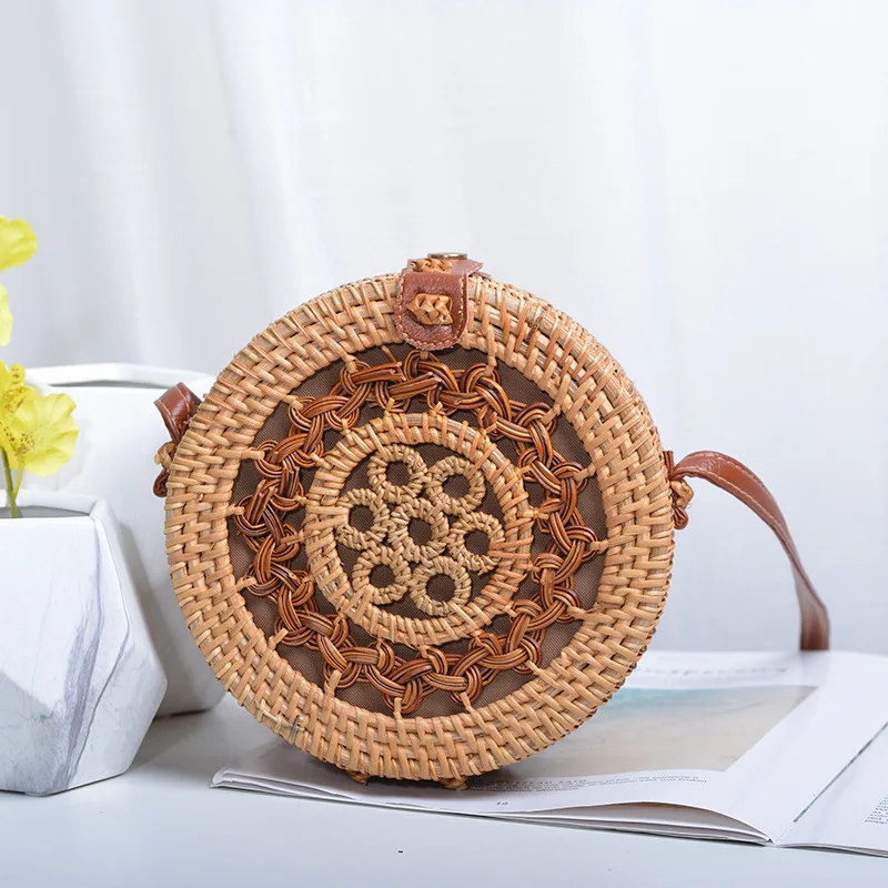 7 small round buckle Женская сумка ручной работы из ротанга с пятиточечной звездой, искусственная кожа, с пряжкой, сумка через плечо, круглая богемная сумка, женские сумки - Цвет: 7 small round buckle