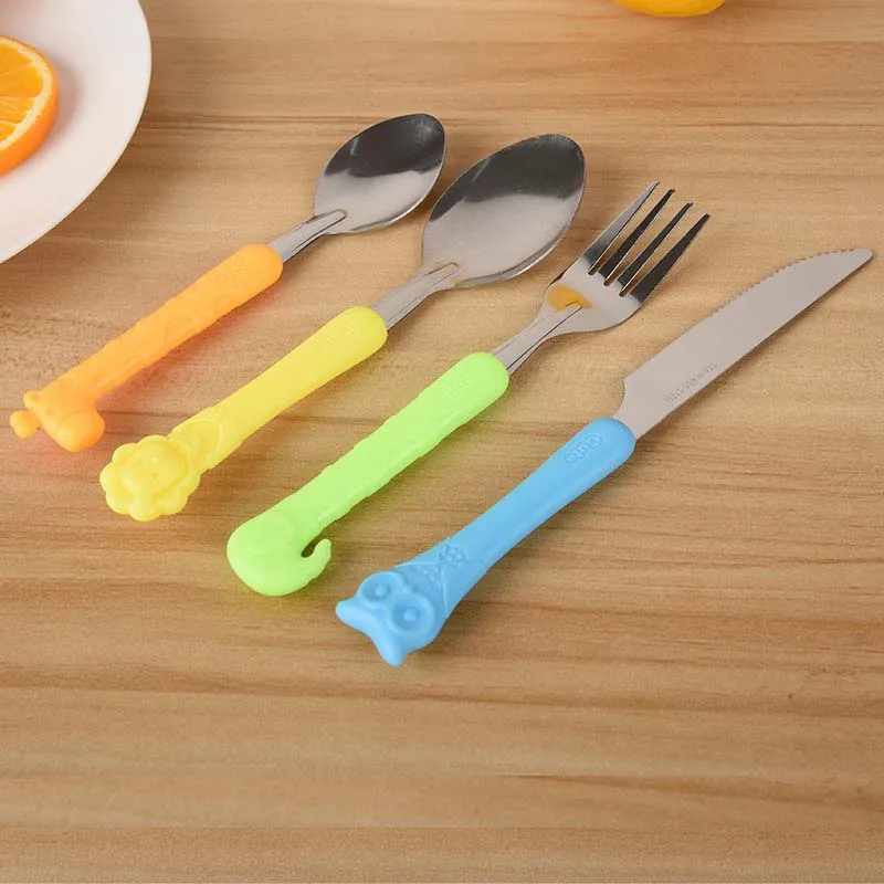 Baby Kids Tableware Cartoon Cutlery Set 4 Pcs Stainless Steel Child Feeding Dining Kid Feeder Utensil Spoon Fork Knife Kit | Дом и сад