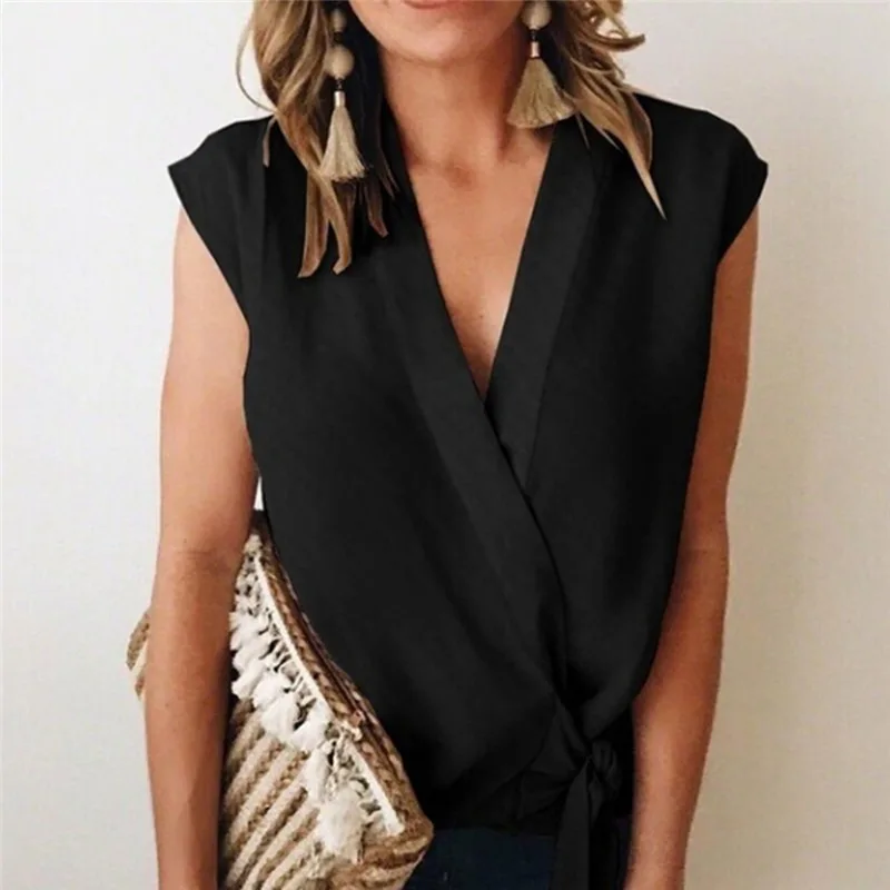 Женская шифоновая блузка без рукавов Повседневная Свободная Однотонная рубашка