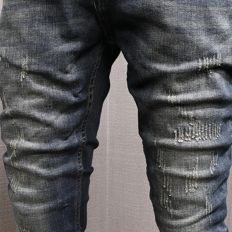 Italian Style Fashion Men Jeans Distressed Wash Retro Blue Elastic Slim Fit Ripped Jeans Men Vintage Designer Cotton Denim Pants