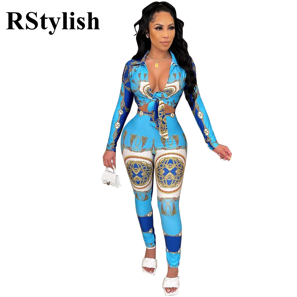 

Женский комплект из двух предметов, повседневный синий комплект вечерние двух предметов с принтом, рубашка с длинным рукавом на шнуровке, у...