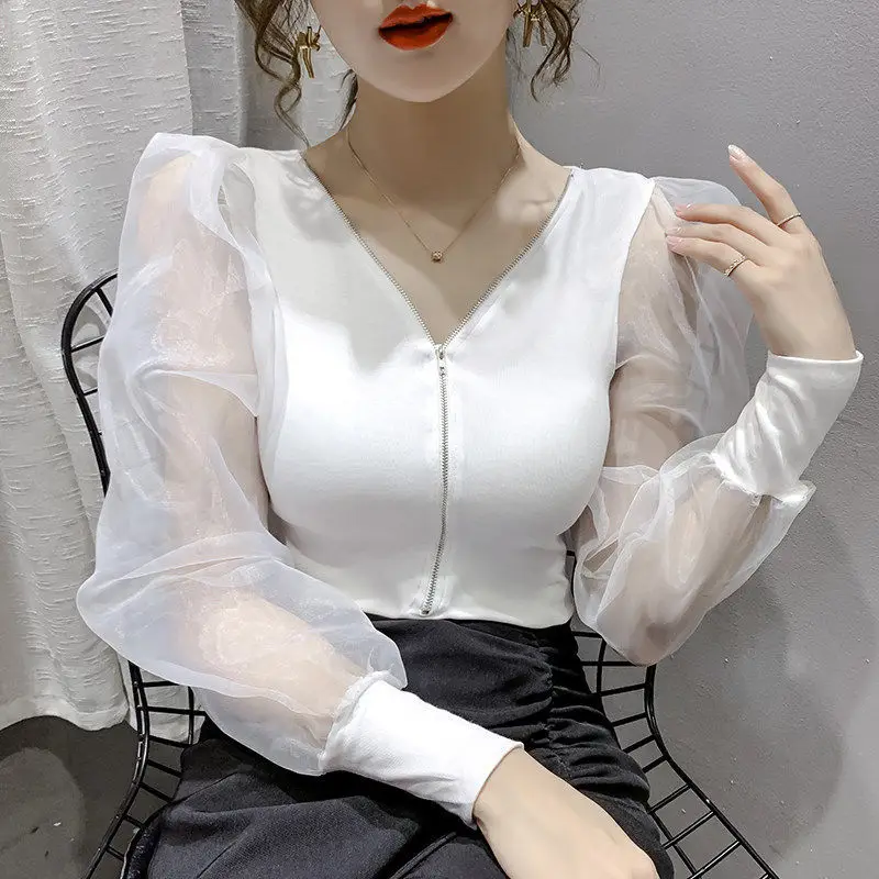 

Cotton T-shirt Women Spring 2021 Puff Long Sleeve Plus Size Casual Tees Lace Female Tshirts Sexy Girls Harajuku Streetwear 208