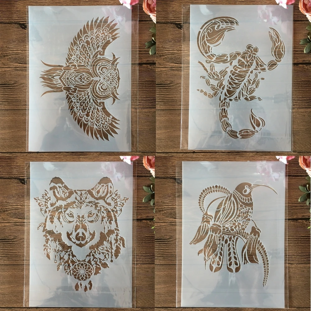 

4Pcs A4 29*21cm Mandala Owl Wolf Scorpion DIY Layering Stencils Painting Scrapbook Coloring Embossing Album Decorative Template
