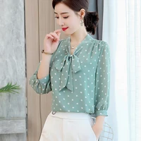 4xl plus size korean fashion green white dot print blouse women shirts bow tie chiffon shirt summer bottoming sweet ol blusas