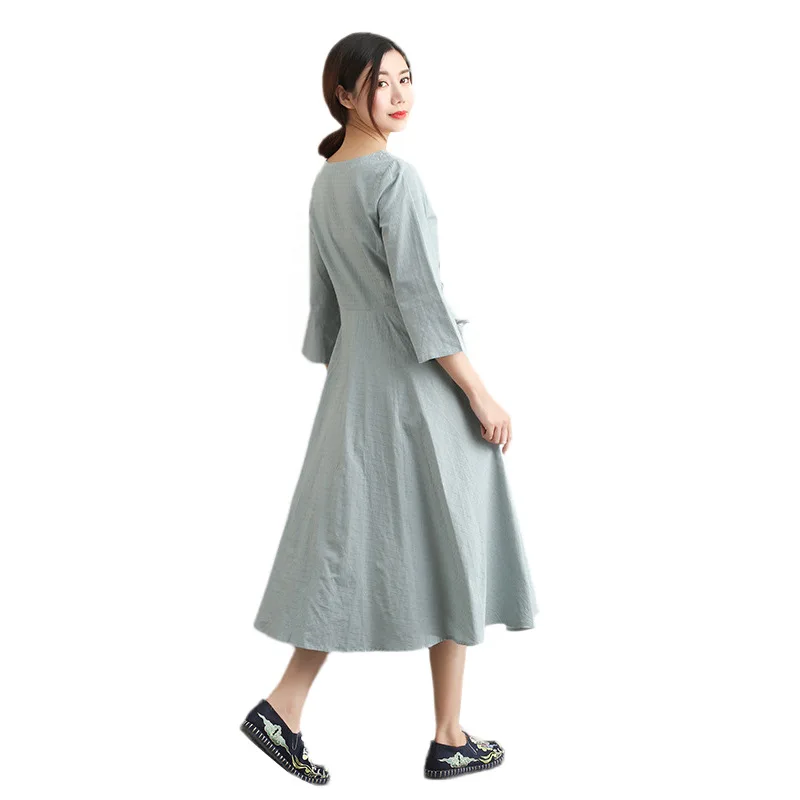 

Blue Elegant Temperament Cotton Women's Clothing Embroidered Drawstring Waist Literary Dress, Chinese Style Women's Clothing