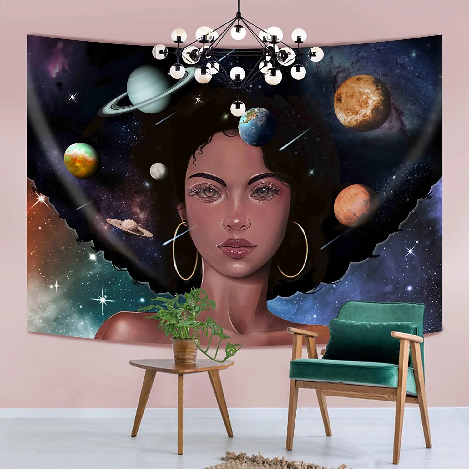 

Новый гобелен для черной девушки, гобелен для афроамериканских женщин, настенный гобелен с космосом, Галактикой, планетами, хиппи, искусств...