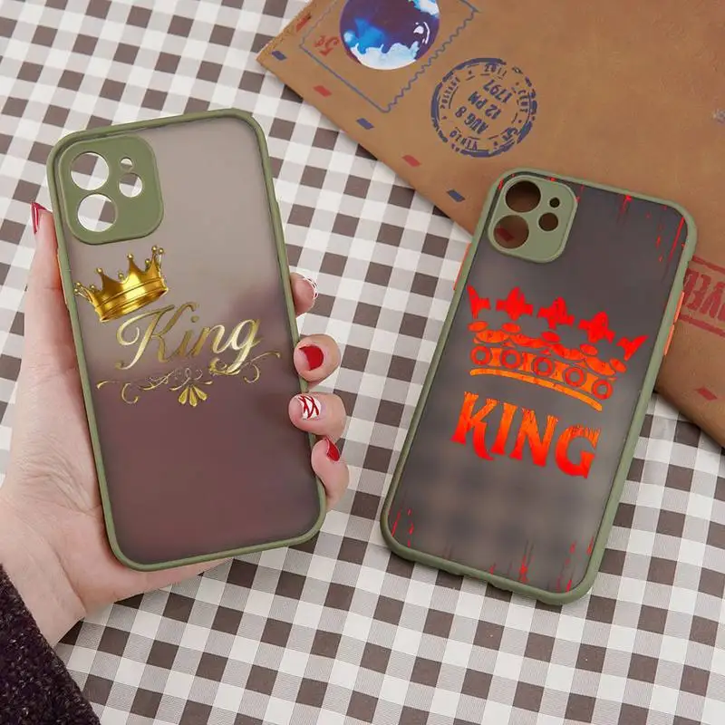 

King Queen Cartoon Crown Letter Phone Case matte transparent For iphone 7 8 11 12 plus mini x xs xr pro max cover