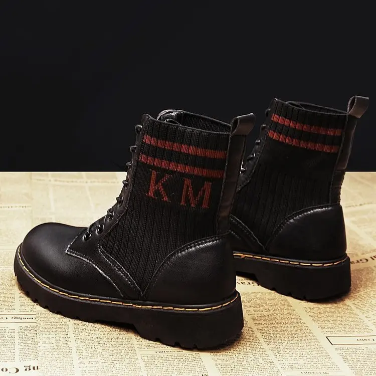

Ladies Winter Martin Boots Lace Up Side Knitting Non-Slip British Motorcycle Ankle Boots