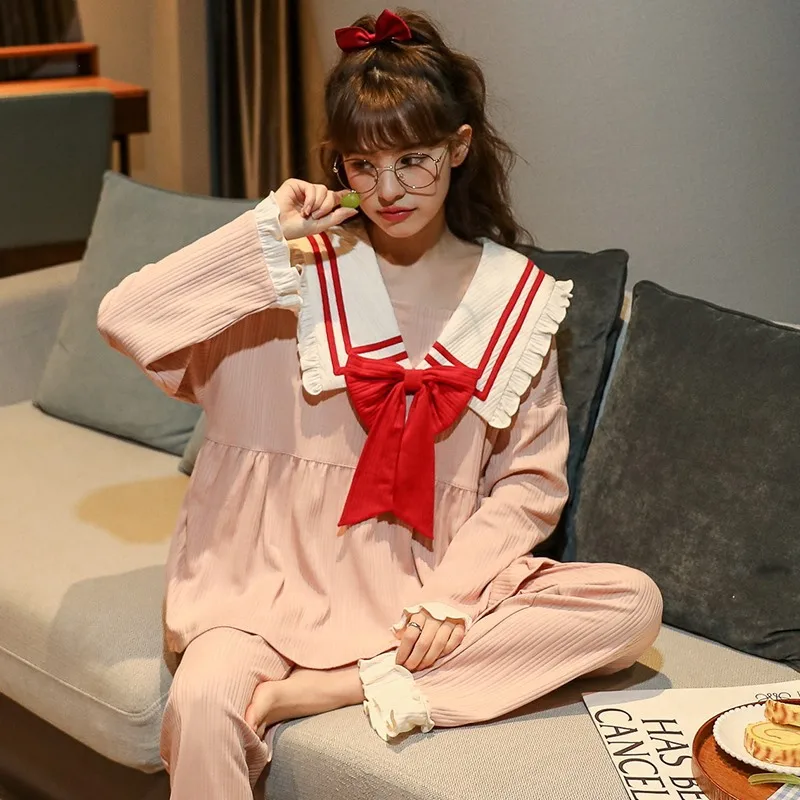 Autumn Winter Two Piece Set 100% Pure Cotton Long Puff Sleeve Trousers Women Pajamas Suit Cute Princess Style Sleepwear Homewear