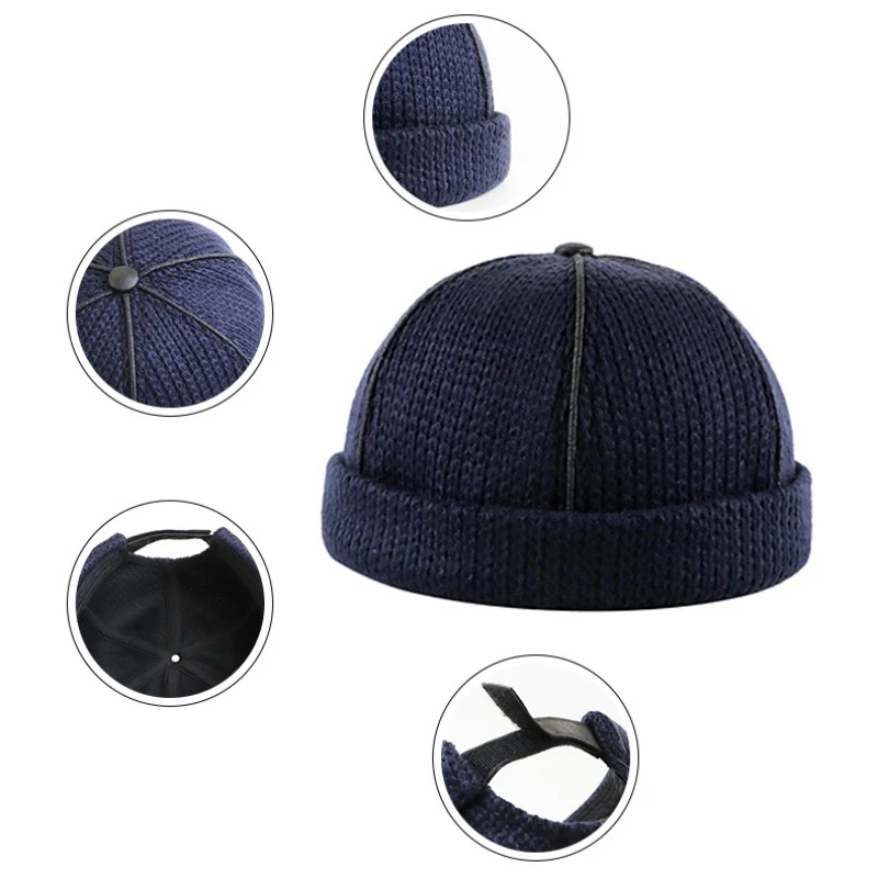 

Осенне-зимняя мужская и женская вязаная шапка, теплая шапочка, Матросская кепка без полей, Ретро стиль, темно-синяя шапка бини