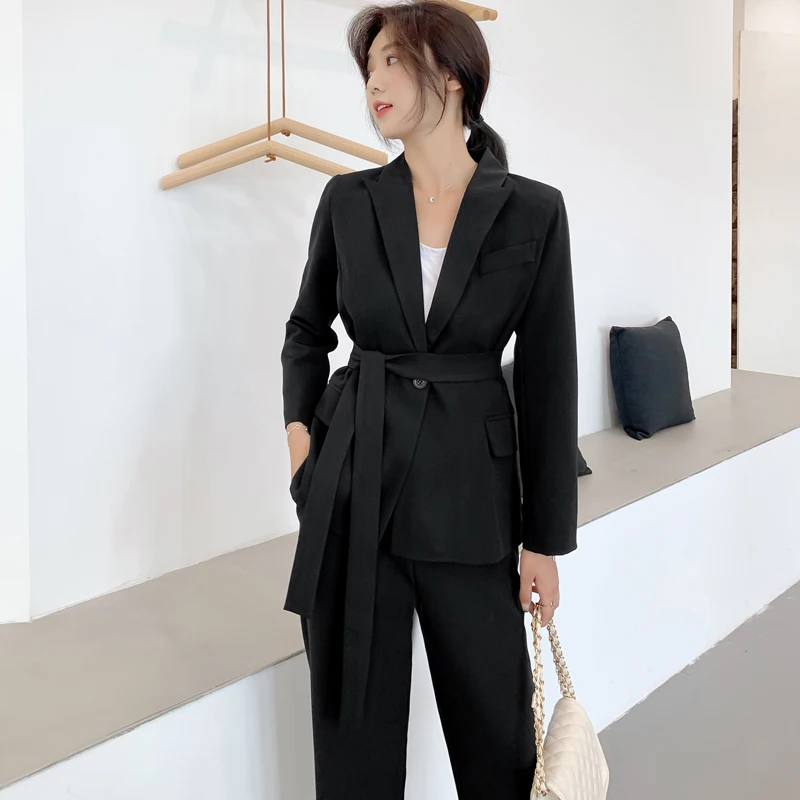 

BornSra Elegant Women Pant Suits One-button Blazer Jacket & Ankle-length Pants Workwear Female Suits 2 Pieces Set 2019 Autumn