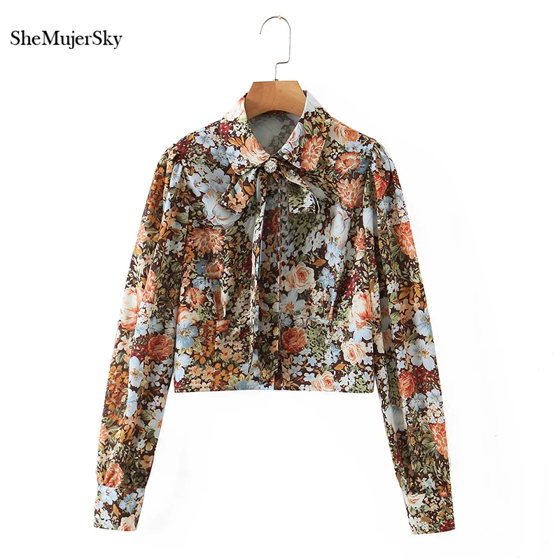 

SheMujerSky Bohemian Floral Print Blouses Women Rhinestone Buttons Bow Cropped Tops 2020 Autumn Long Sleeve Shirts