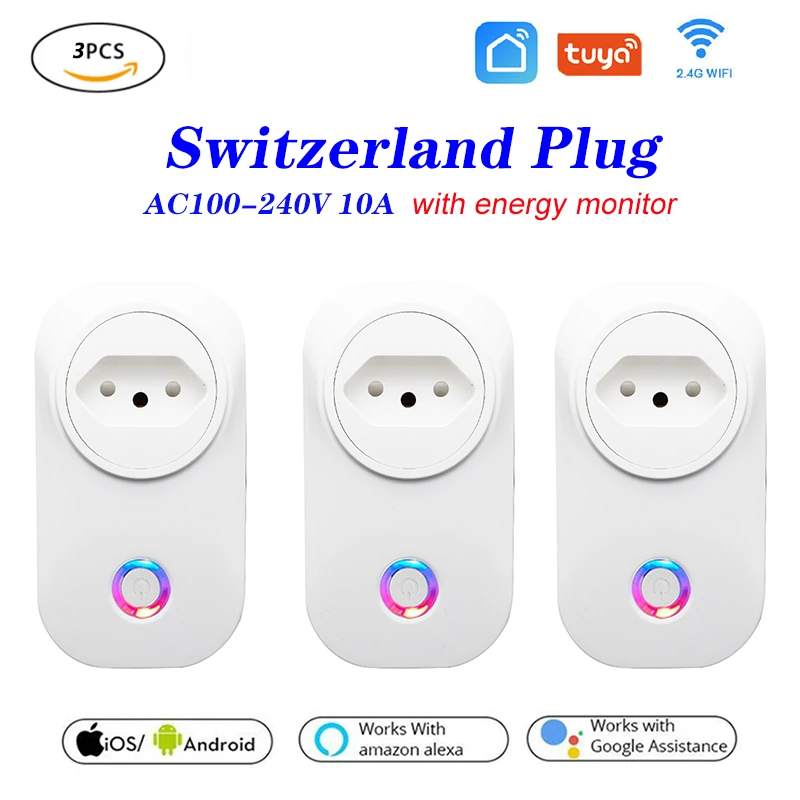 3 шт. умная розетка Tuya WIFI Switzerland вилка 10A дистанционное управление Alexa Google домашний