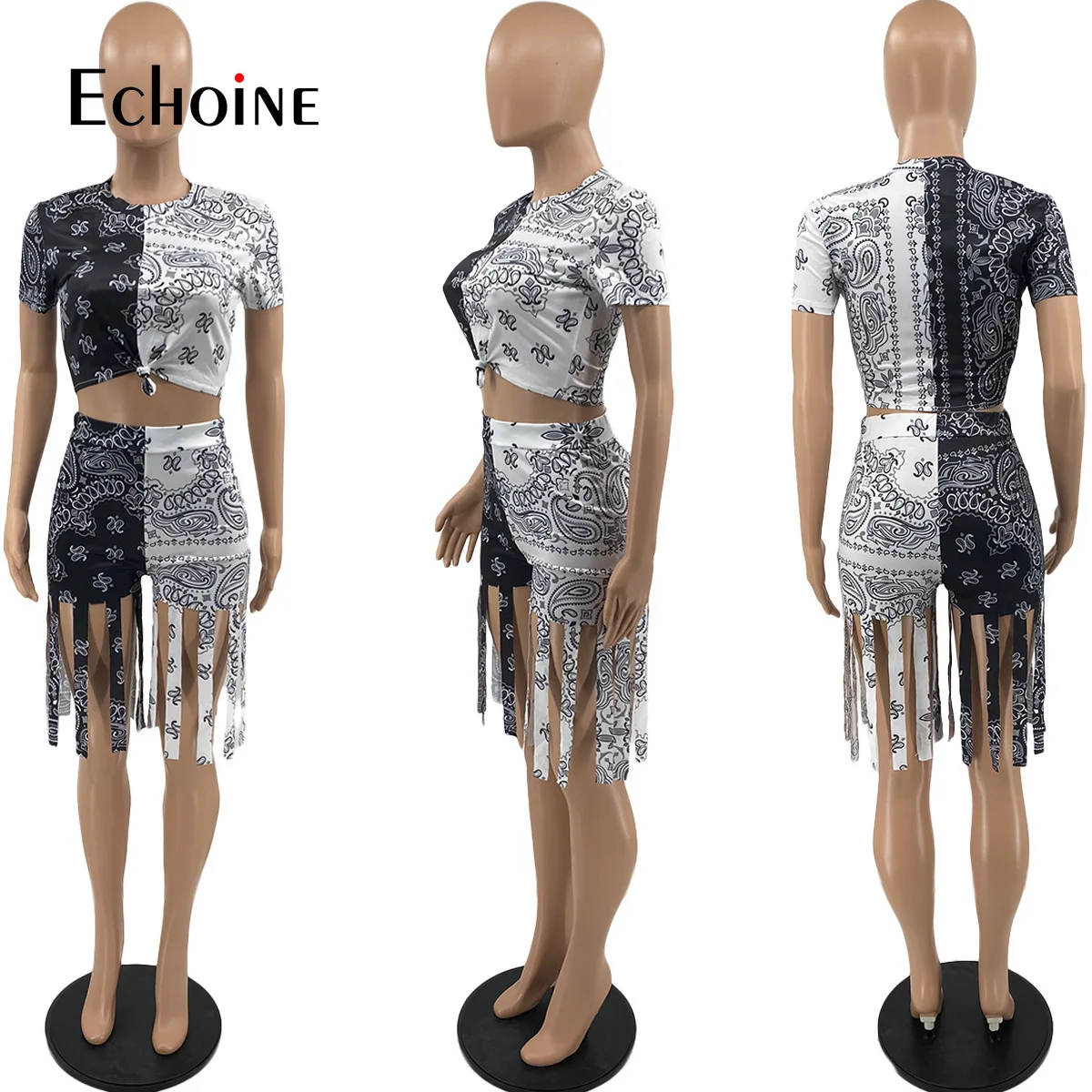 

Echoine Summer Women Paisley Print Contrast Color Two Piece Set Short Sleeve T Shirt And Tassel Shorts Sexy Party Casual Outfits