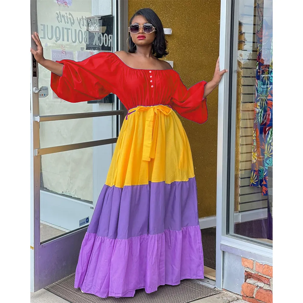 

Contrast Color Patchwork Women Cake Dresses Slash Neck Long Lantern Sleeve Pleated Dress Early Autumn Elastic Waist Maxi Dress