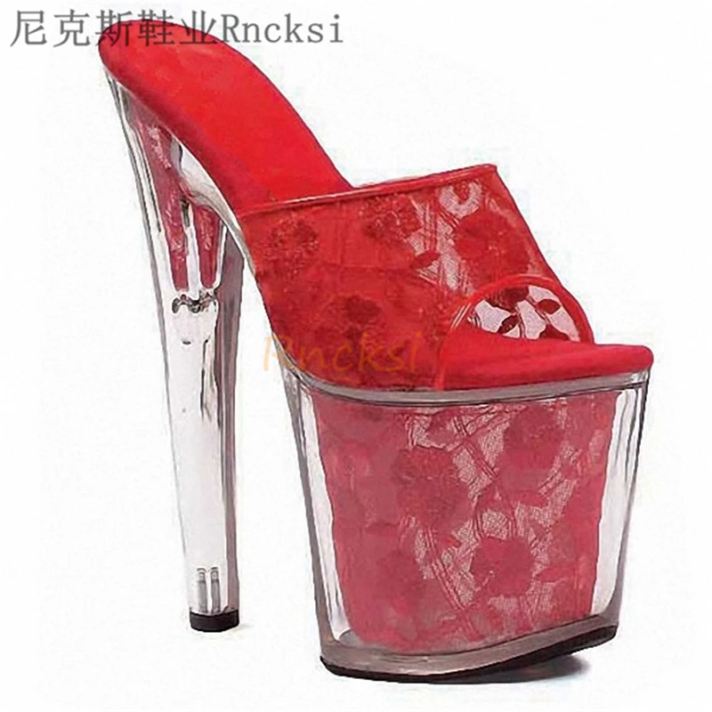 Rncksi 20cm Heel height Shoes for women 2020 trendy crystal clear ultra high heels stage shoes with thin heels Lace slippers