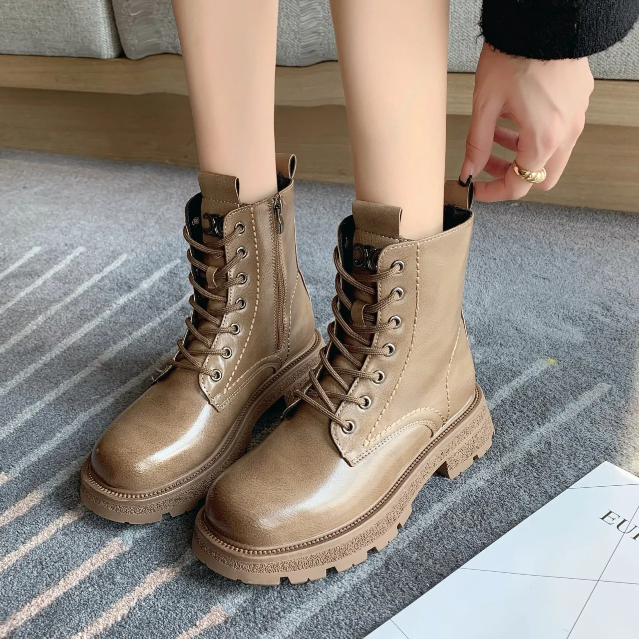 Winter New Fashion Ankle Boots Side Crawling Shoes Ladies Ankle Boots Plush Warm Thick Heel Retro Riding Boots