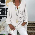 Рубашка женская с принтом бабочек, свободная блузка с длинным рукавом и V-образным вырезом, размера плюс блузка