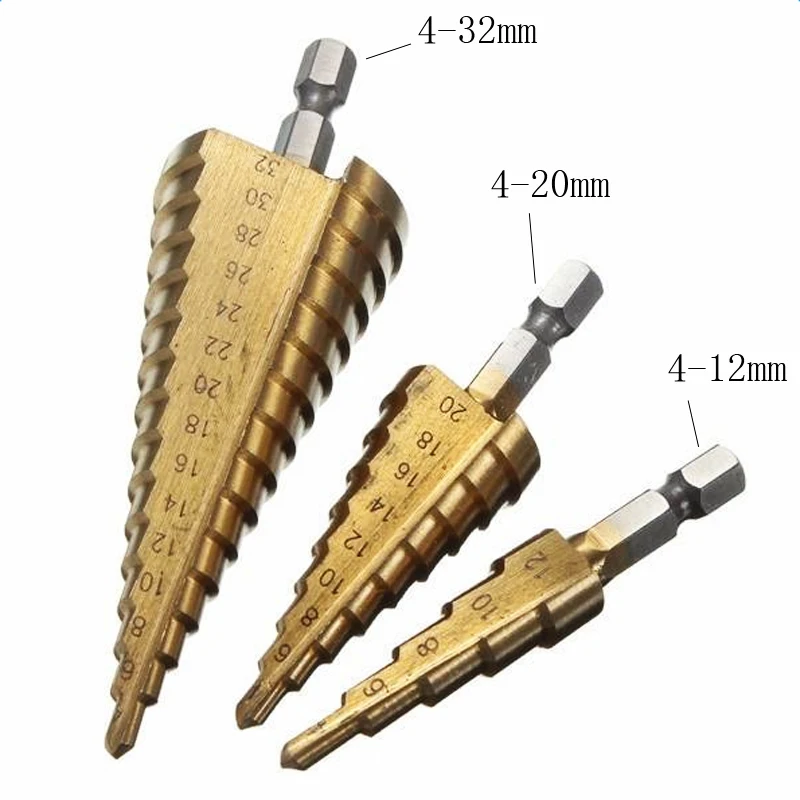 Taper Drill 4-12/20/32mm titanium plated step drill three hex shank hole opener multi-function metal pagoda bit | Инструменты