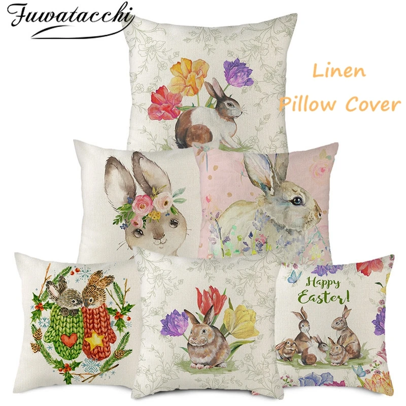 

Льняная наволочка Fuwatacchi с милым рисунком кролика, наволочка для домашнего стула, дивана, декоративные бежевые наволочки 45x45 см