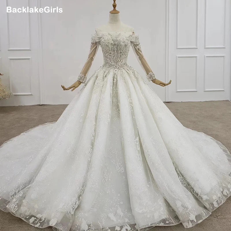 Роскошные свадебные платья принцессы с длинным рукавом Украшенные бусинами