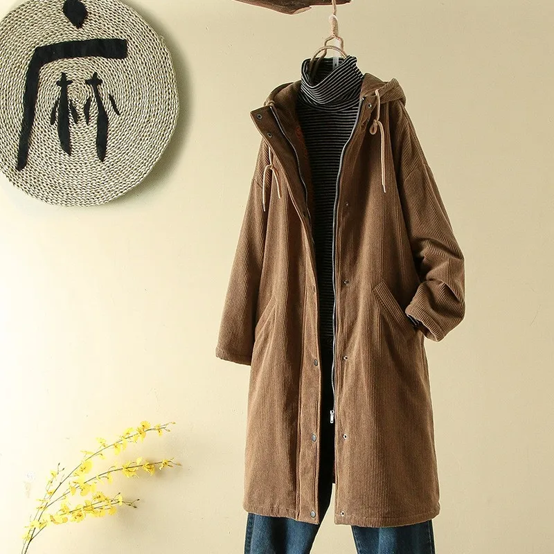 

Vintage Winter Women Loose Fit Long Hoody Parka Thick Fleece Lining Corduroy Overcoat Casual Straight Warm Outwear Coat Parkas