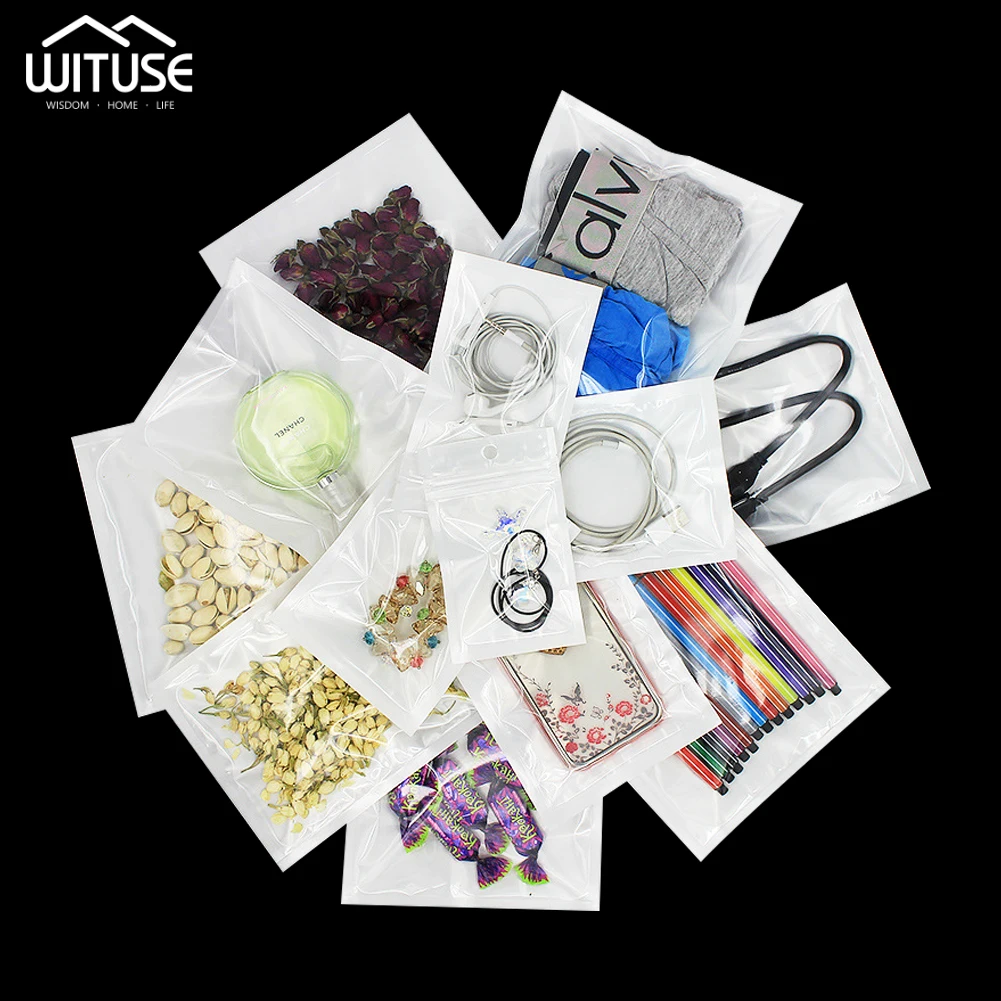 

50/100Pcs Clear Front White Back Plastic Bags With Hang Hole Re-sealable Self-sealing For Candy Lollipop Cookie Packaging Bag