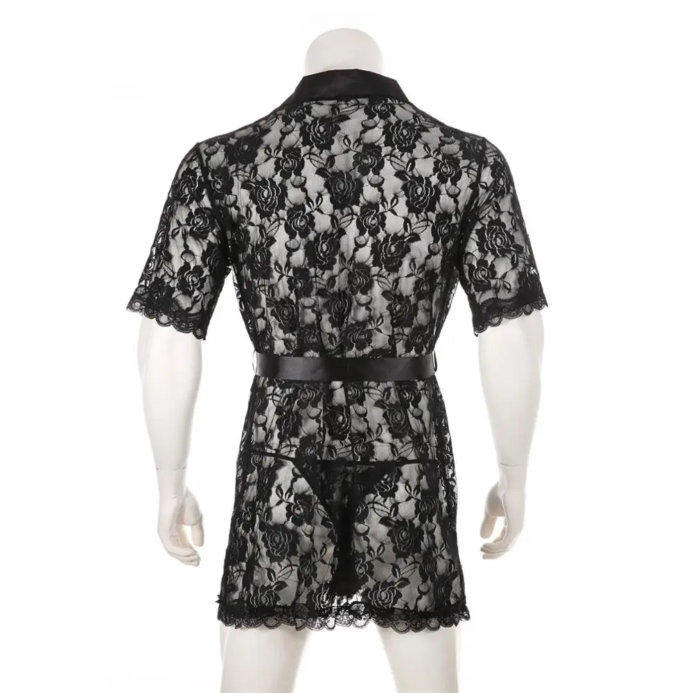 Sexy Men Casual Nightgown With T-back Thong Lace Mesh Printed Transparent See Through Long Robes Beach Bathrobe  Dressing Gown