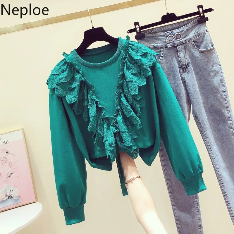 Neploe короткие толстовки с круглым вырезом и длинным рукавом Элегантная кружевная