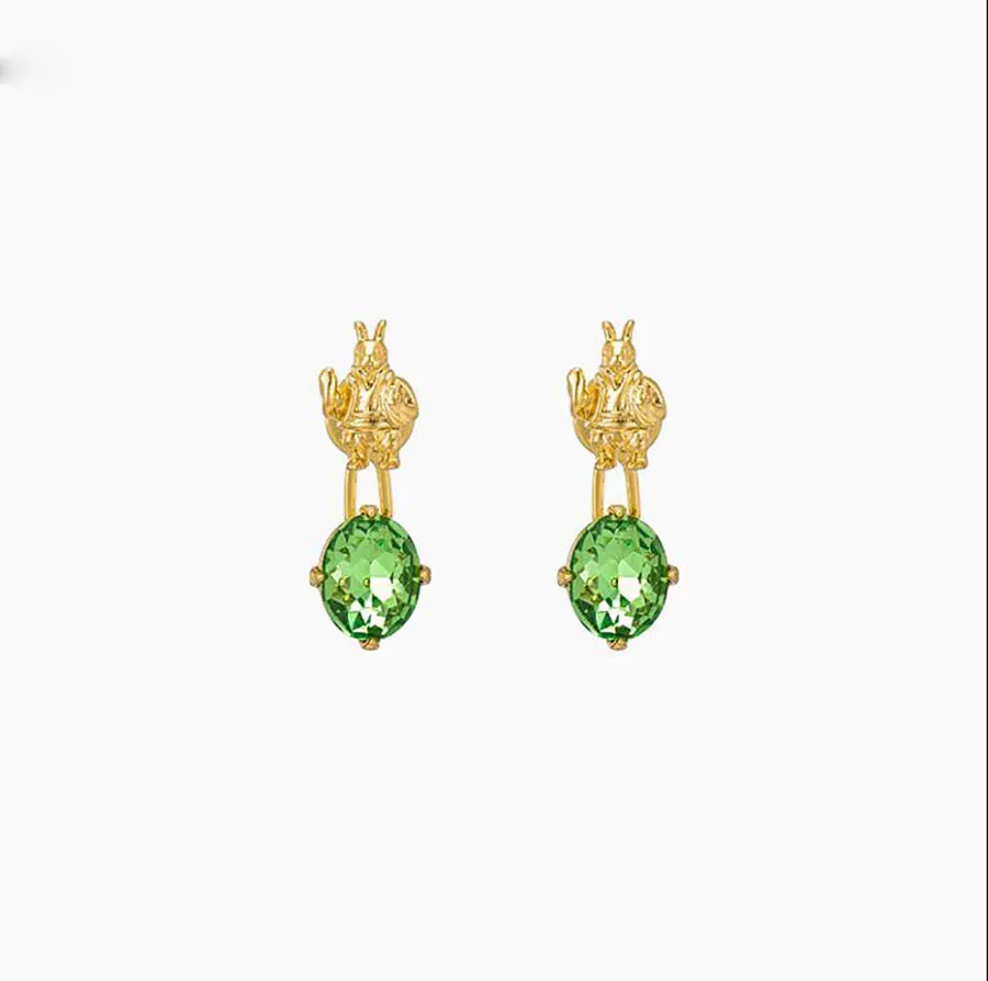 

3D rabbit rose crystal advanced luxury French winter exquisite retro earrings lovely fun pink green rhinestone exquisite eardrop