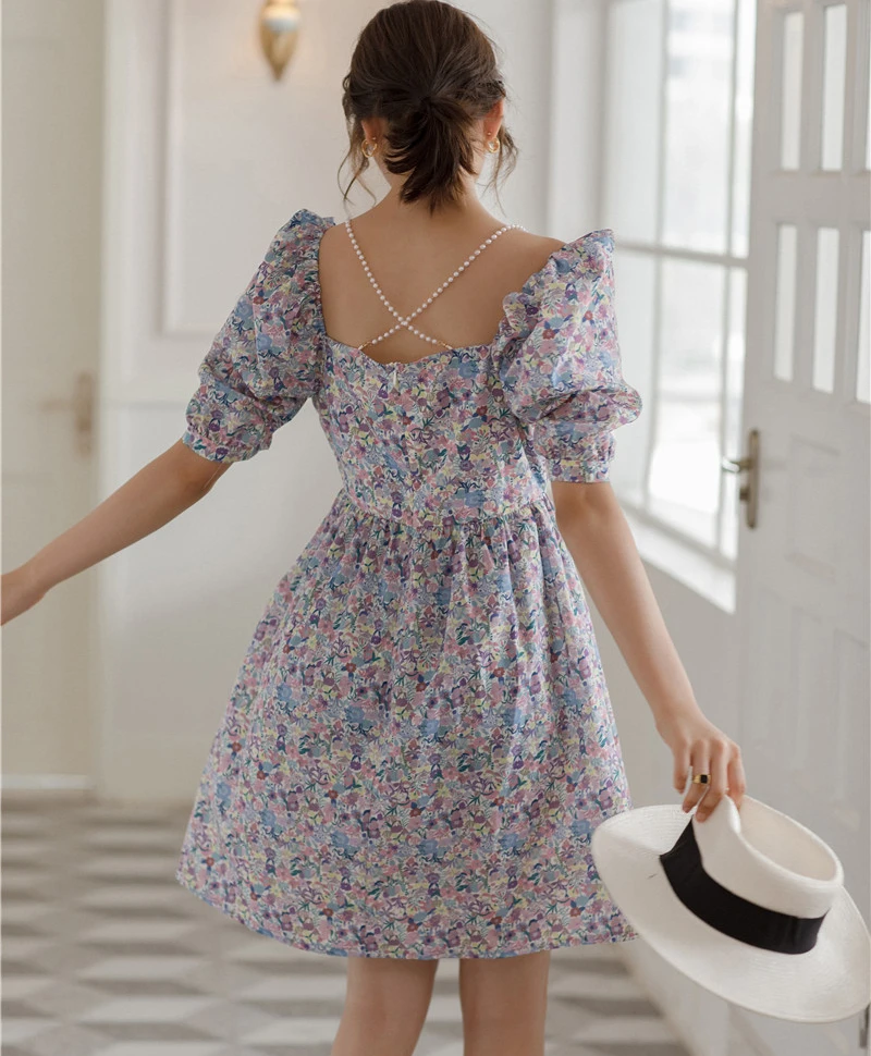 

Kimotimo Summer Floral Dress Women Sweet Square Collar Puff Sleeve Pearl Shoulder Strap Short Dress 2021 Design Elegant Fashion