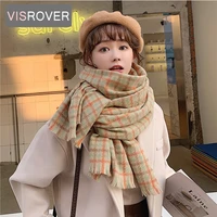 visrover yellow checked winter scarf for women fashion female shawl cashmere handfeeling winter wraps warm winter hijab gift