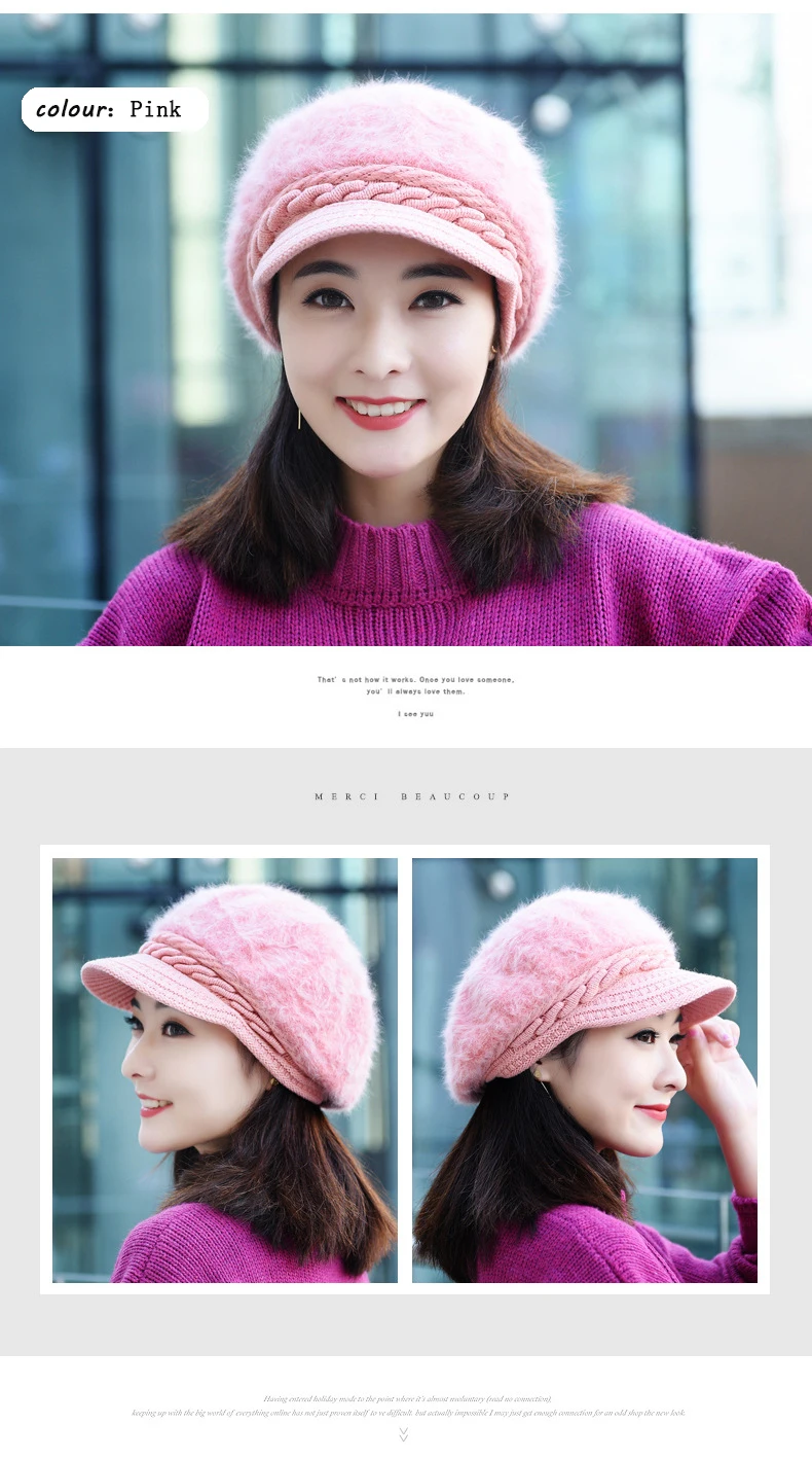 Women's hat winter rabbit hair knitted beret hat winter hats for women caps women fashion winter hat women's knitted hat