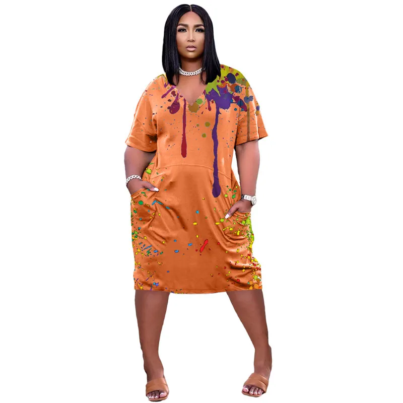 

Summer New Women's Fashion Large Size Tie-Dye Printing Graffiti Short-Sleeved V-Neck Pocket Casual Straight Loose Dress