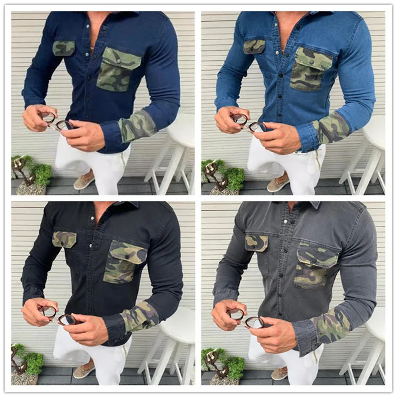 

Camouflage Patchwork Denim T-Shirts For Men Mens 100% Cotton Jacket Long Sleeve Jeans Shirt Soft Slim Blouses Tops Plus Size 3XL