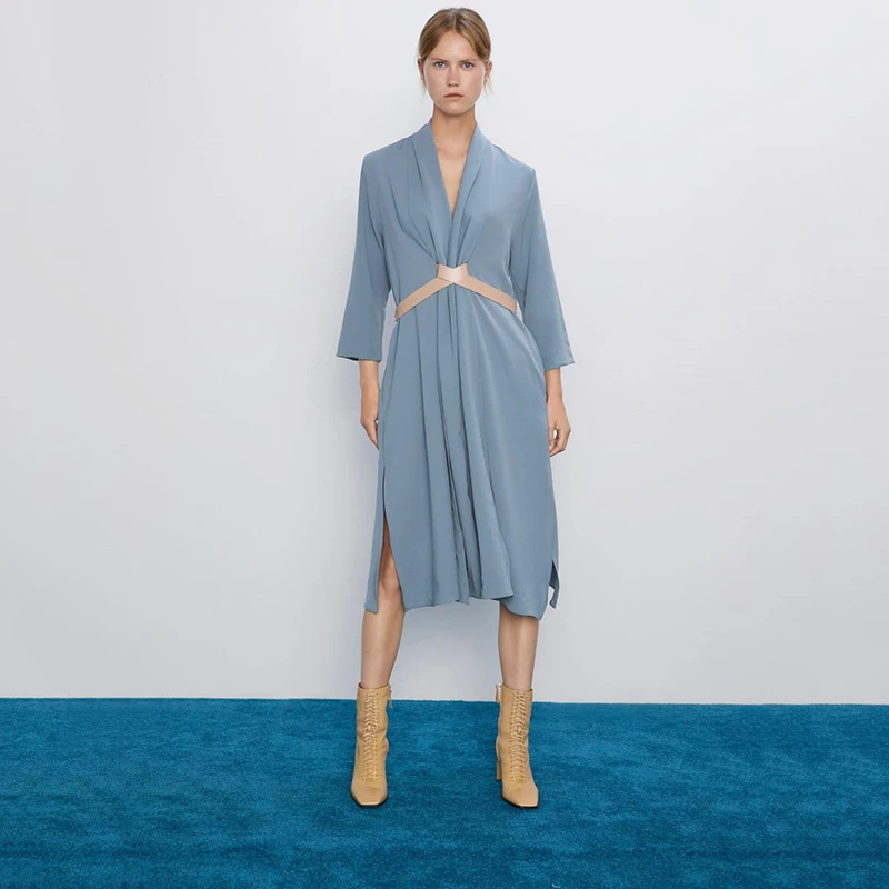 Женское драпированное платье с поясом ZA повседневное однотонное v образным